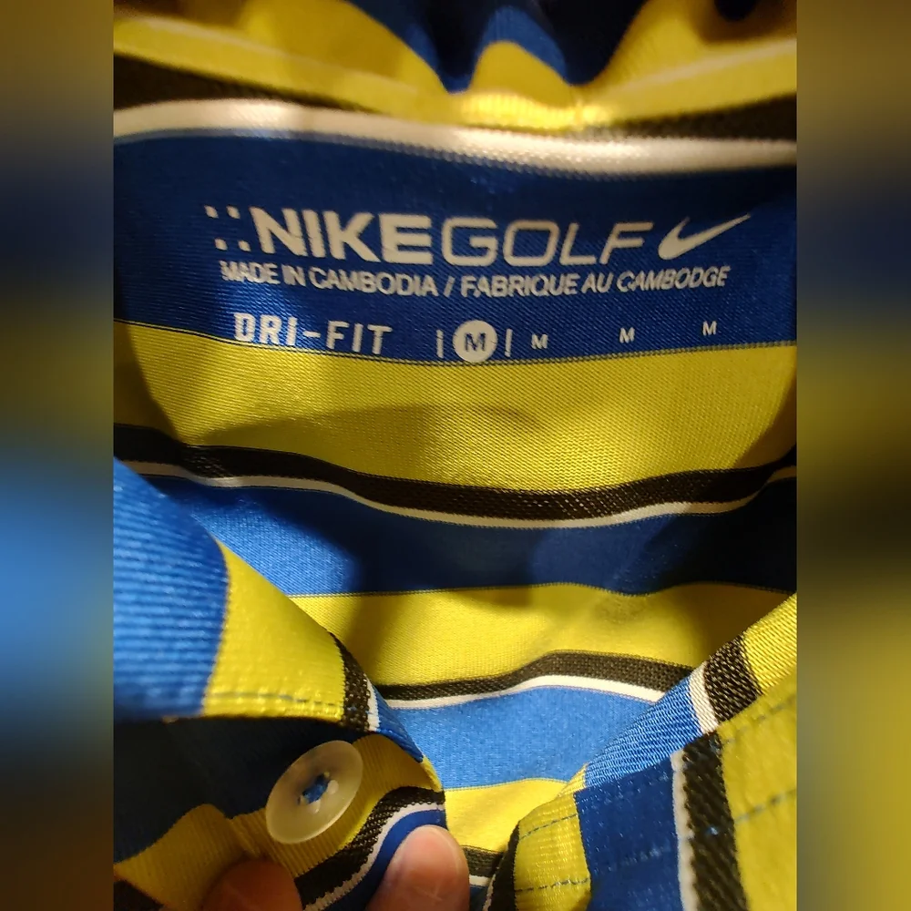 EUC Nike Boys Golf Shirt, Blue And Yellow Striped Polo, Dri-fit